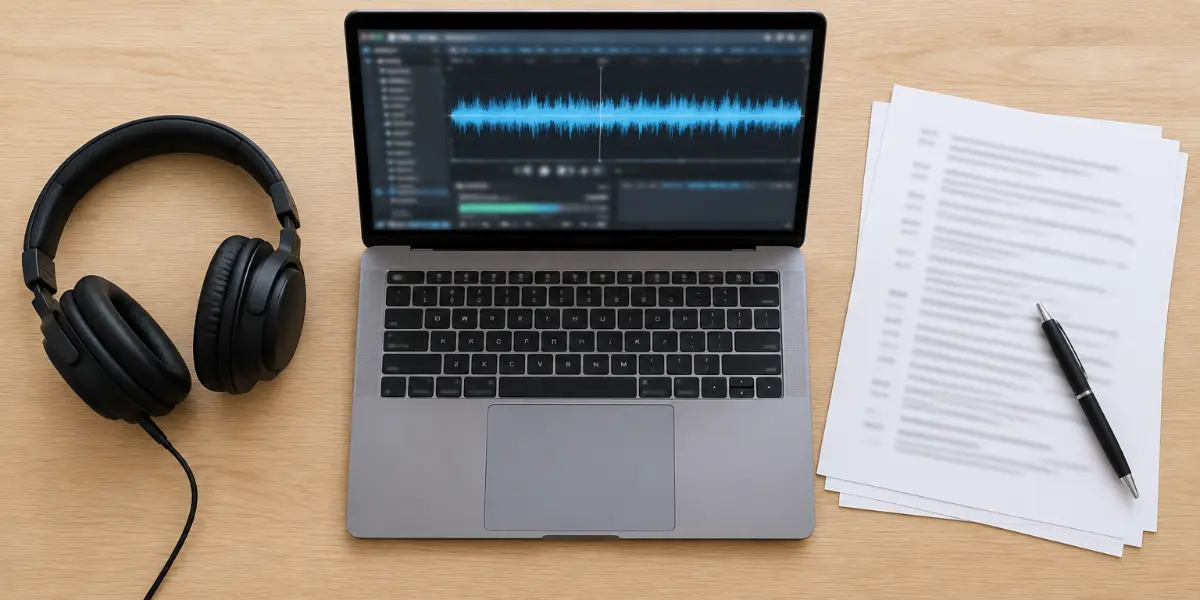 Headphones, audio waveform and transcript pages for interpretation services and audio translation in Muscat