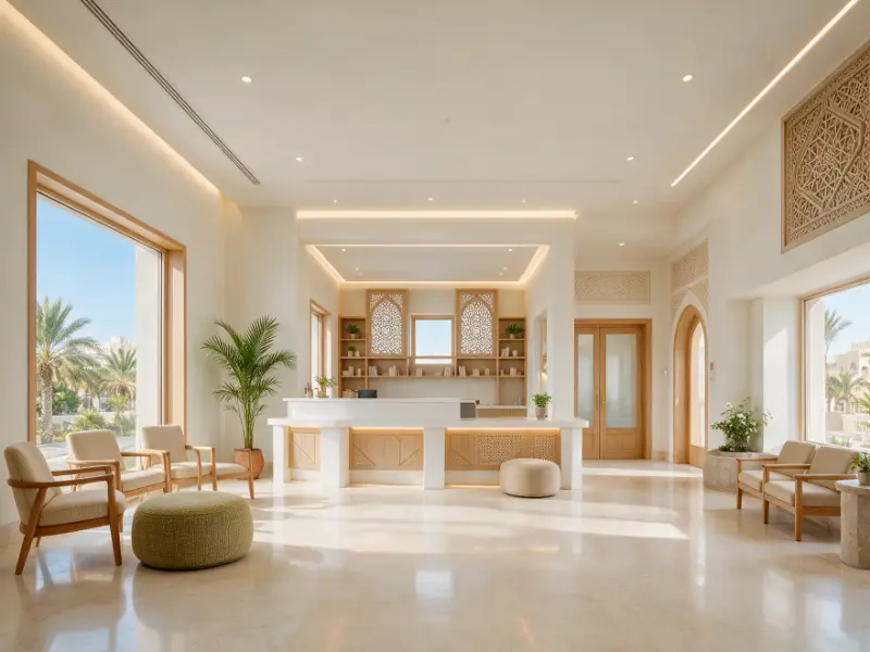 Bright clinic reception area with Omani architectural details