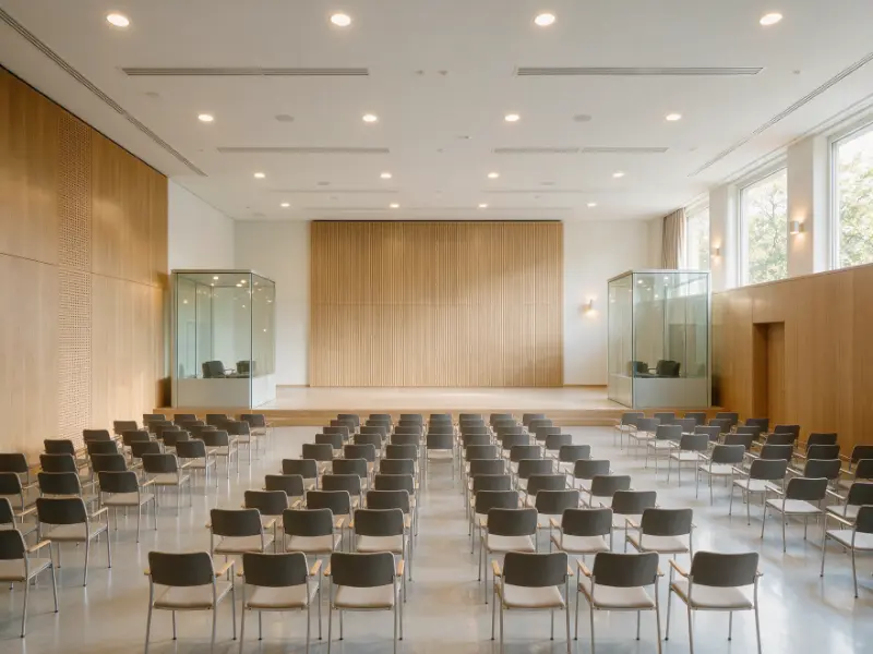Conference hall with interpreter booths for simultaneous interpretation
