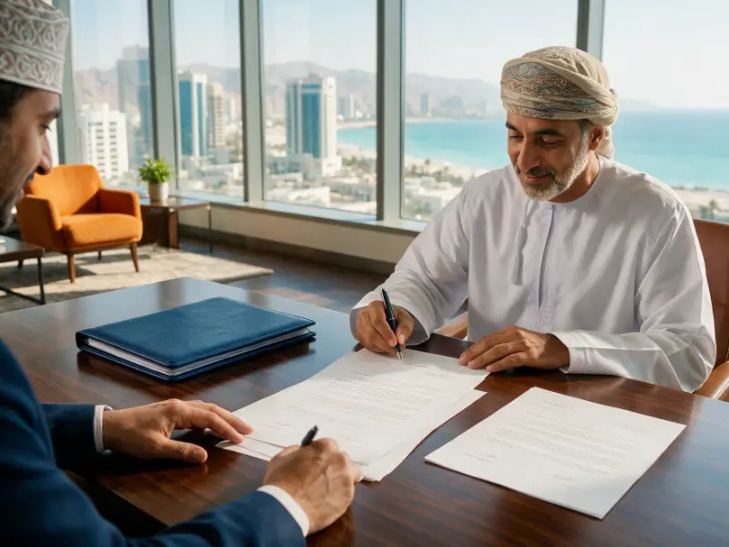 Business partners signing a contract in a Muscat office after contract translation