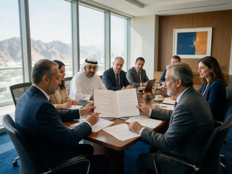 Business meeting in Muscat reviewing a bilingual contract