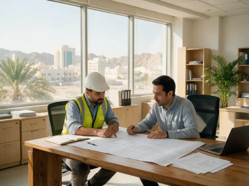 Engineer and translator reviewing a drawing Engineer and translator reviewing a technical drawing in a Muscat office