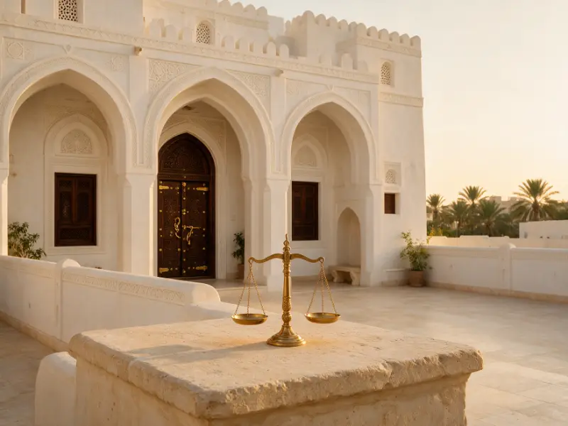 Traditional Omani architecture with scales of justice, representing legal translation in Oman