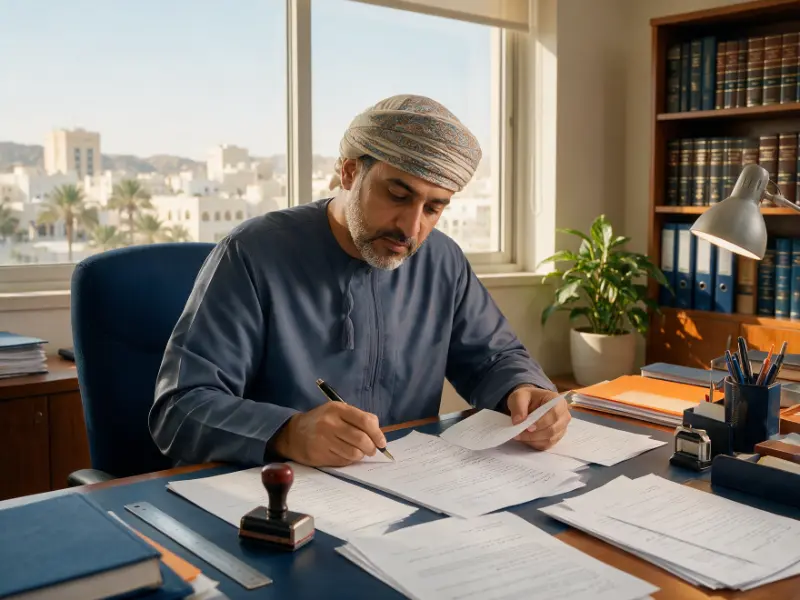 Legal translator in Muscat reviewing a bilingual contract with an office stamp