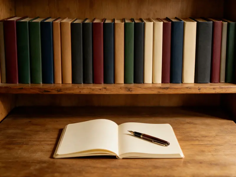 Shelf of novels with an open notebook and fountain pen for literary translation