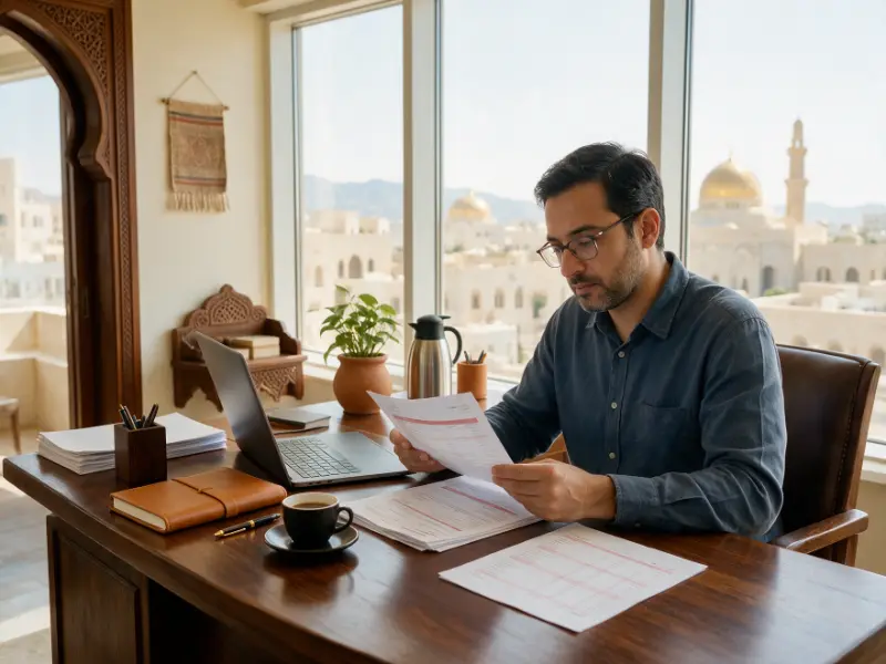 Translator reviewing a medical report and laboratory results for medical translation in Muscat
