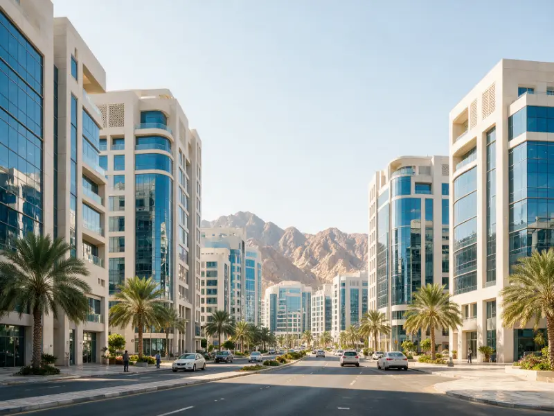 Muscat business district with the Hajar Mountains behind