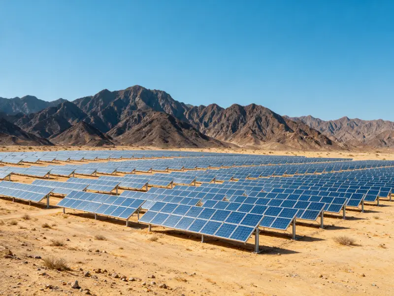 Solar power plant in Oman Solar power plant in a desert landscape with mountains in Oman