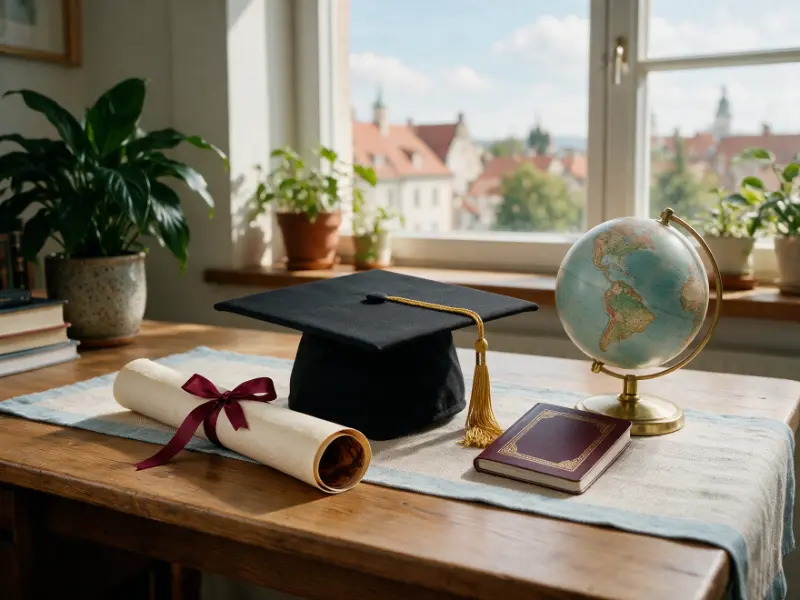 Graduation cap, diploma, passport and globe for study abroad applications