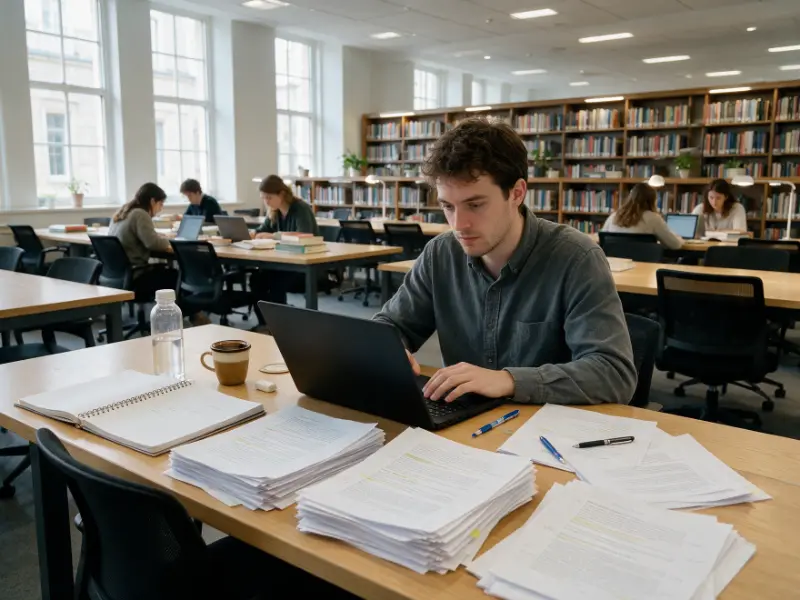 Graduate student working on a thesis in a university library