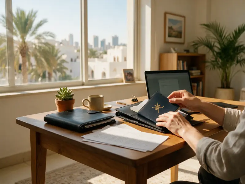 Preparing a visa application file with passport and translated documents in Muscat